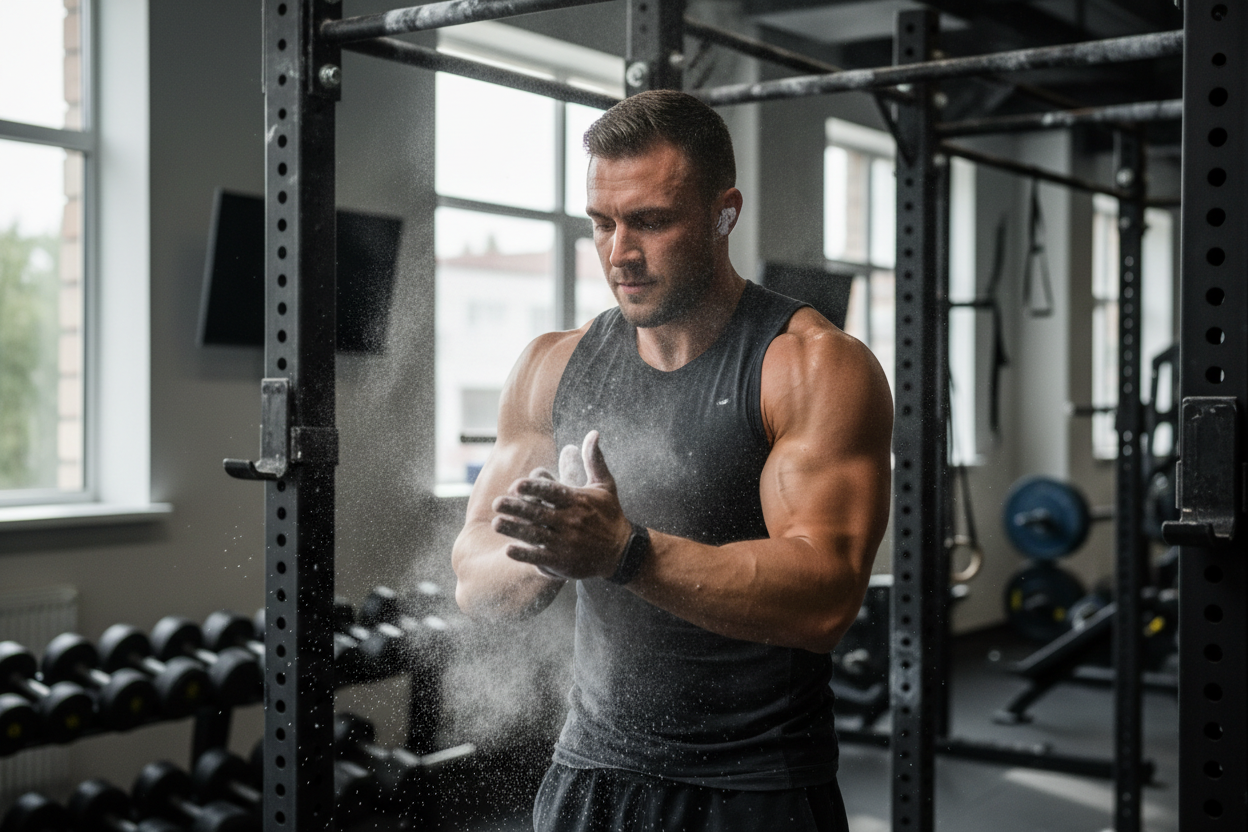 image of man using hand chalk before pull ups 