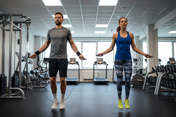 man and women skipping with skipping rope at gym
