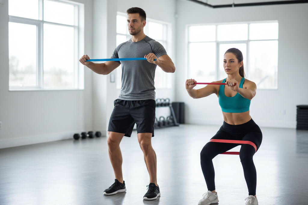 man and women using a flat rubber resistance band when working out 