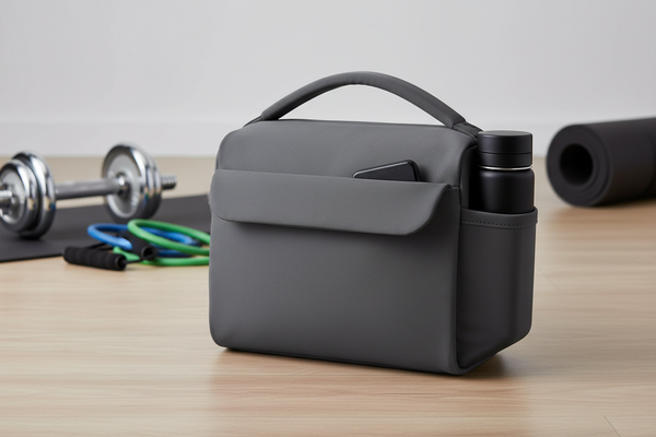 small hand held magnetic gym bag with water bottle and phone with gym equipment in backround