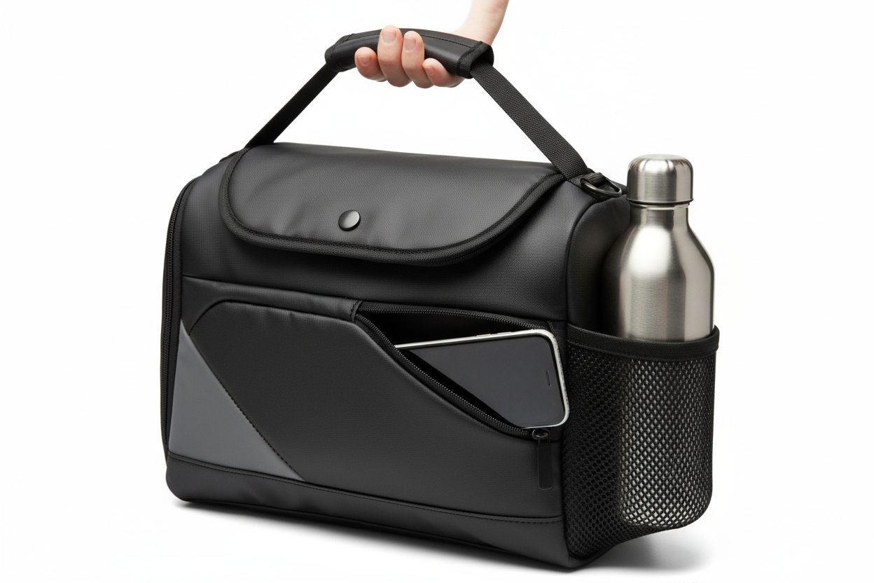 small hand held magnetic gym bag with water bottle and phone 